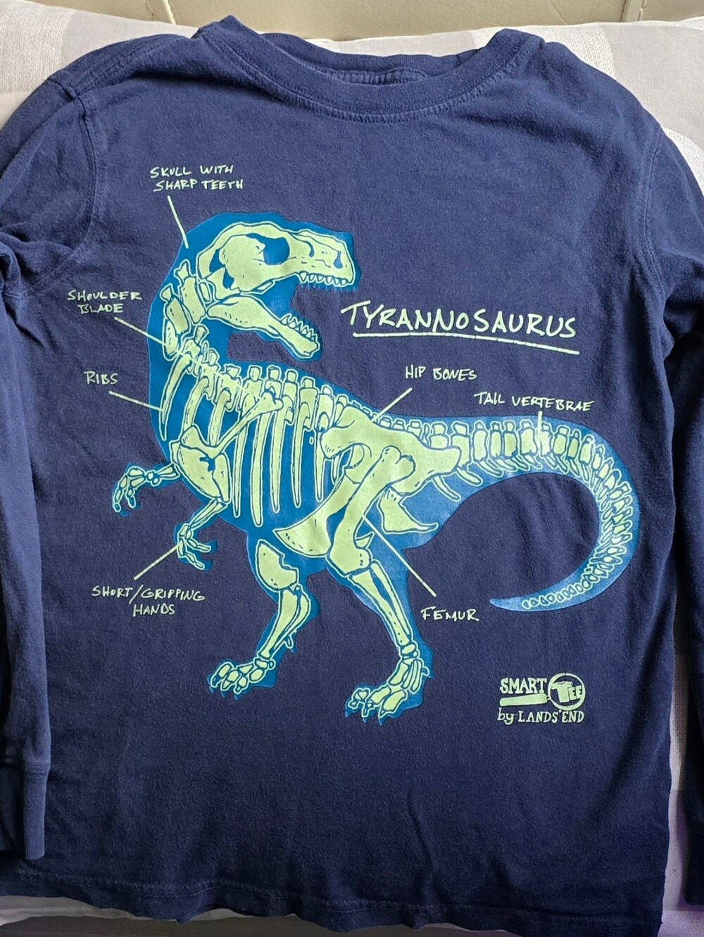 Glow-In-The-Dark T-Rex Lands End Kids Longsleeve Boys Shirt Navy Yellow Size 7 D